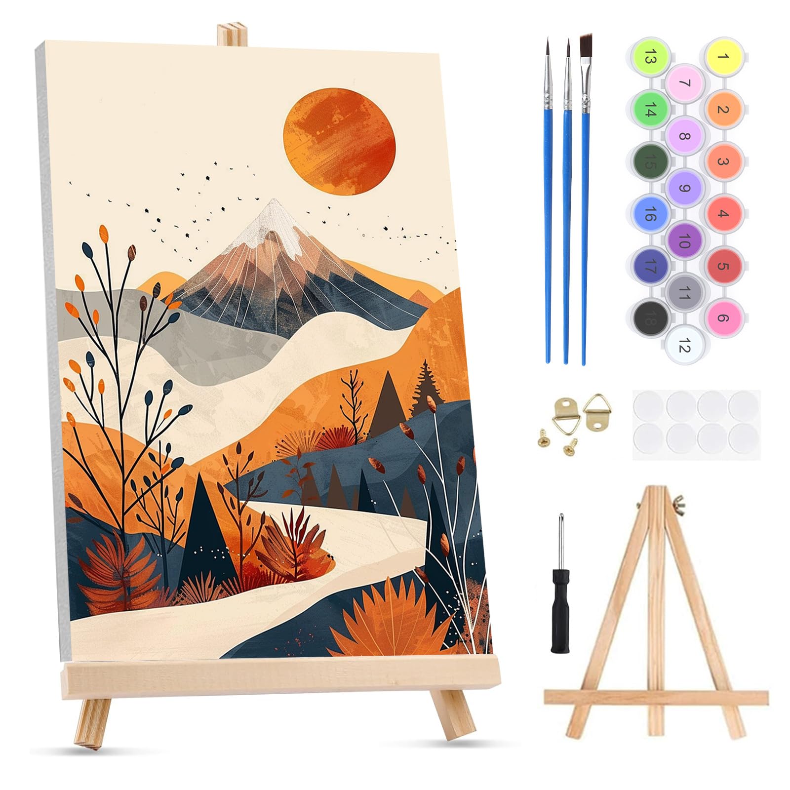QENSPE Paint by Numbers for Adults on Framed Canvas - with Wooden Easel, Mountain Range Painting by Number Kit for Beginners, DIY Scenery Acrylic Oil Painting for Home Wall Decor 8x12 Inch
