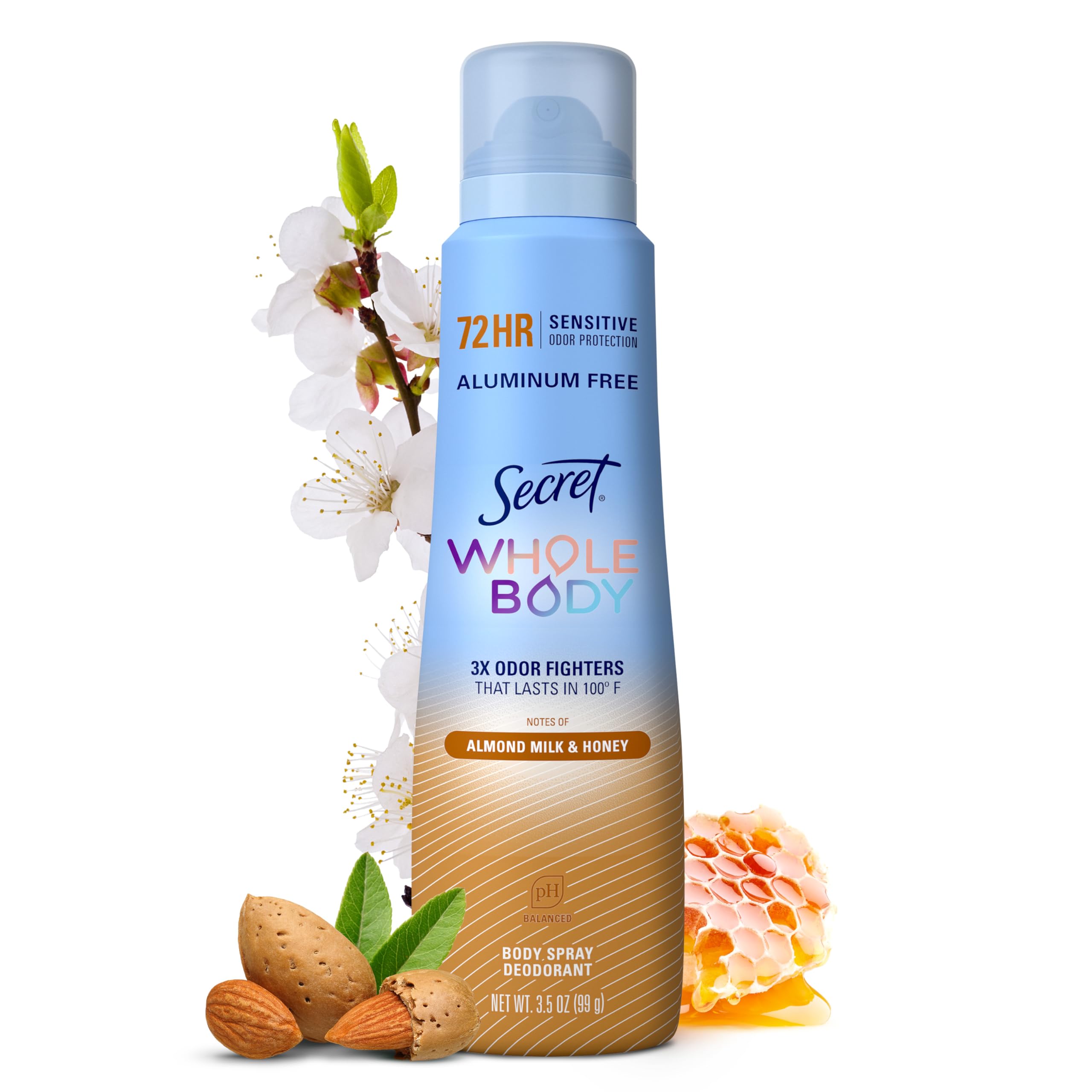 Secret Whole Body Deodorant Spray for Women, Almond Milk & Honey Scent, Aluminum Free Deodorant, 72 HR Odor Protection, 3.5oz