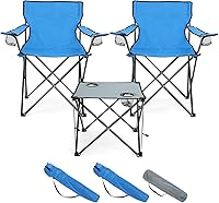 Vista 8 de HaSteeL Juego de 3 sillas plegables de campamento, sillas de campamento plegables negras y mesa gris, silla de césped grande portátil para adultos