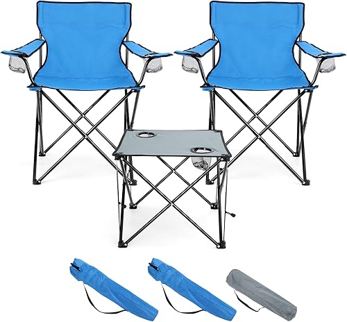Miniatura 8 de HaSteeL Juego de 3 sillas plegables de campamento, sillas de campamento plegables negras y mesa gris, silla de césped grande portátil para adultos