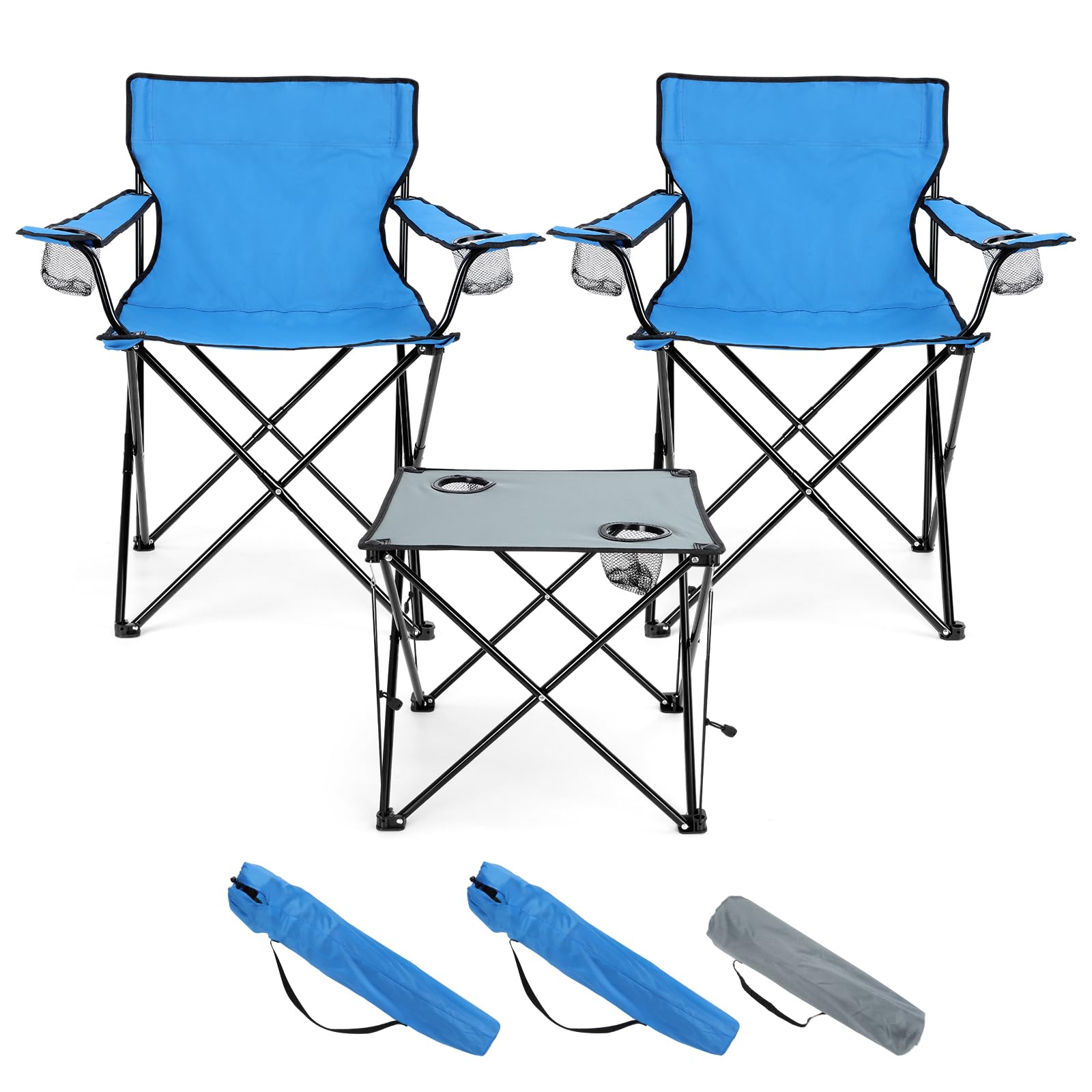 HaSteeL Folding Camping Chair Set of 3, Foldable Blue Camp Chairs &amp; Grey Table, Large Lawn Chair Portable for Adults Hiking, Fishing, Picnic, Outdoor BBQ, Travel, Sports, Cup Holders &amp; Storage Bags