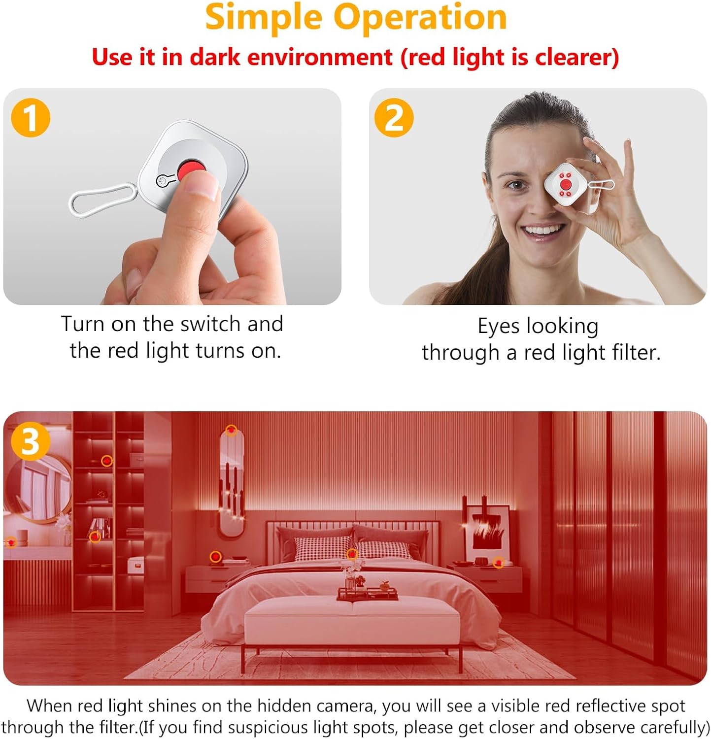 Two-step illustration of operating the NALACAL Hidden Camera Detector