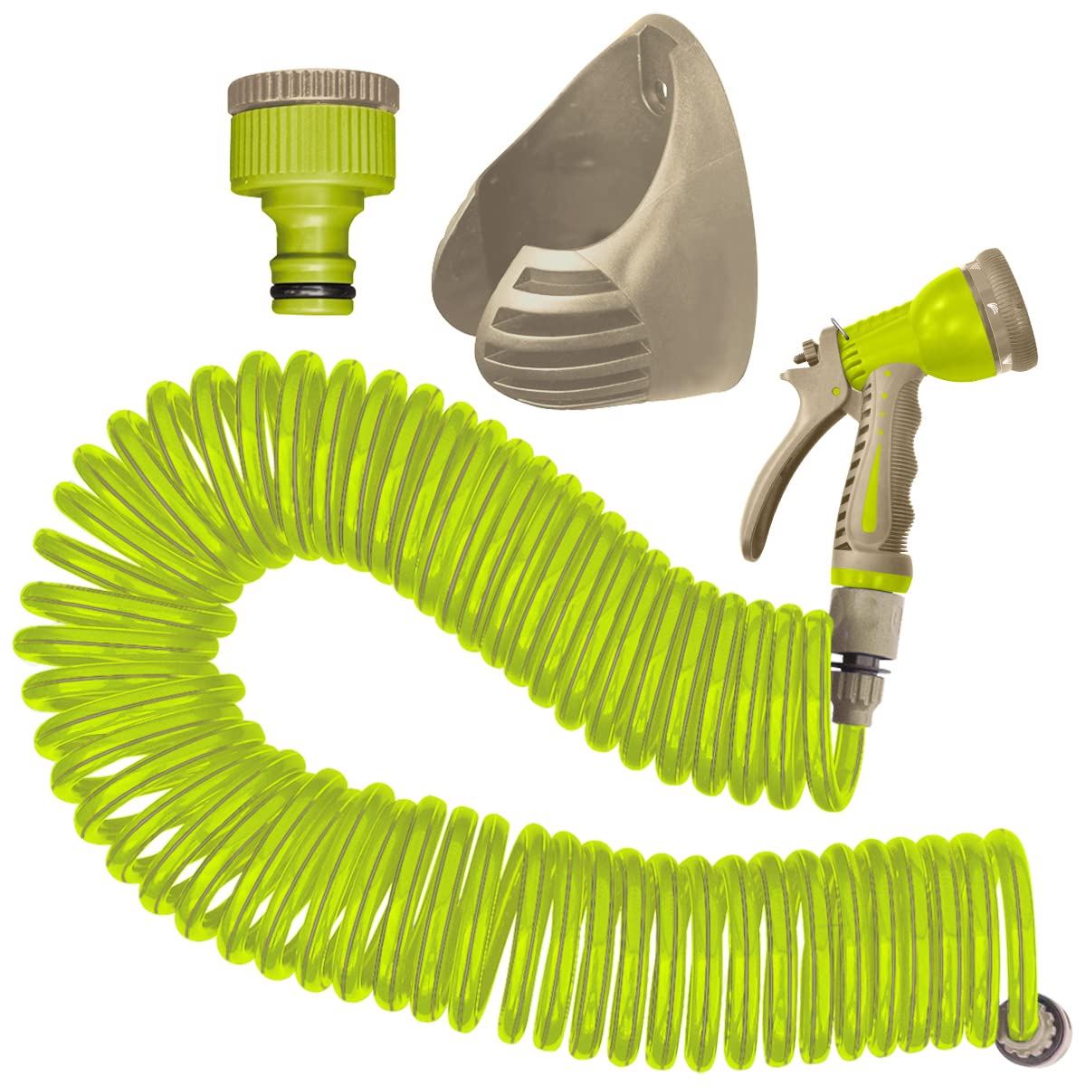 Jardibric - Tuyau Arrosage Serpentin 15 m - Kit Complet avec Pistolet, Support et Raccord Rapide
