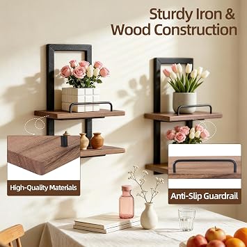 Floating Shelves, 2-Tier Vertical Wall Mounted Shelf Hanging Planter Display for Indoor Plants Rustic Wall Shelves for Bathroom, Bedroom, Living Room, Kitchen, Office, Space Saving, Rustic