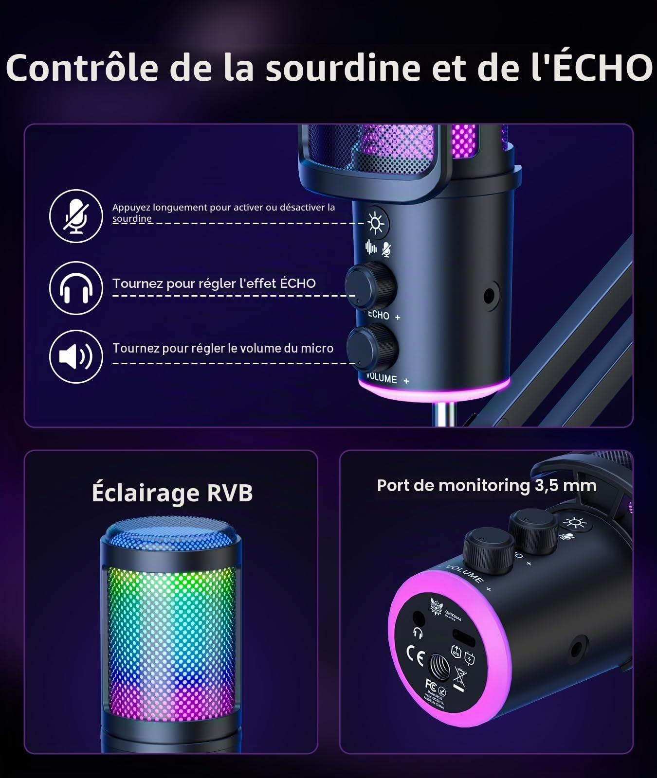 Microphone USB de jeu, microphone à condensateur avec suppression du bruit avec sourdine, bras articulé pour micro-réglage de la réverbération, surveillance pour streaming, podcasting, Discord