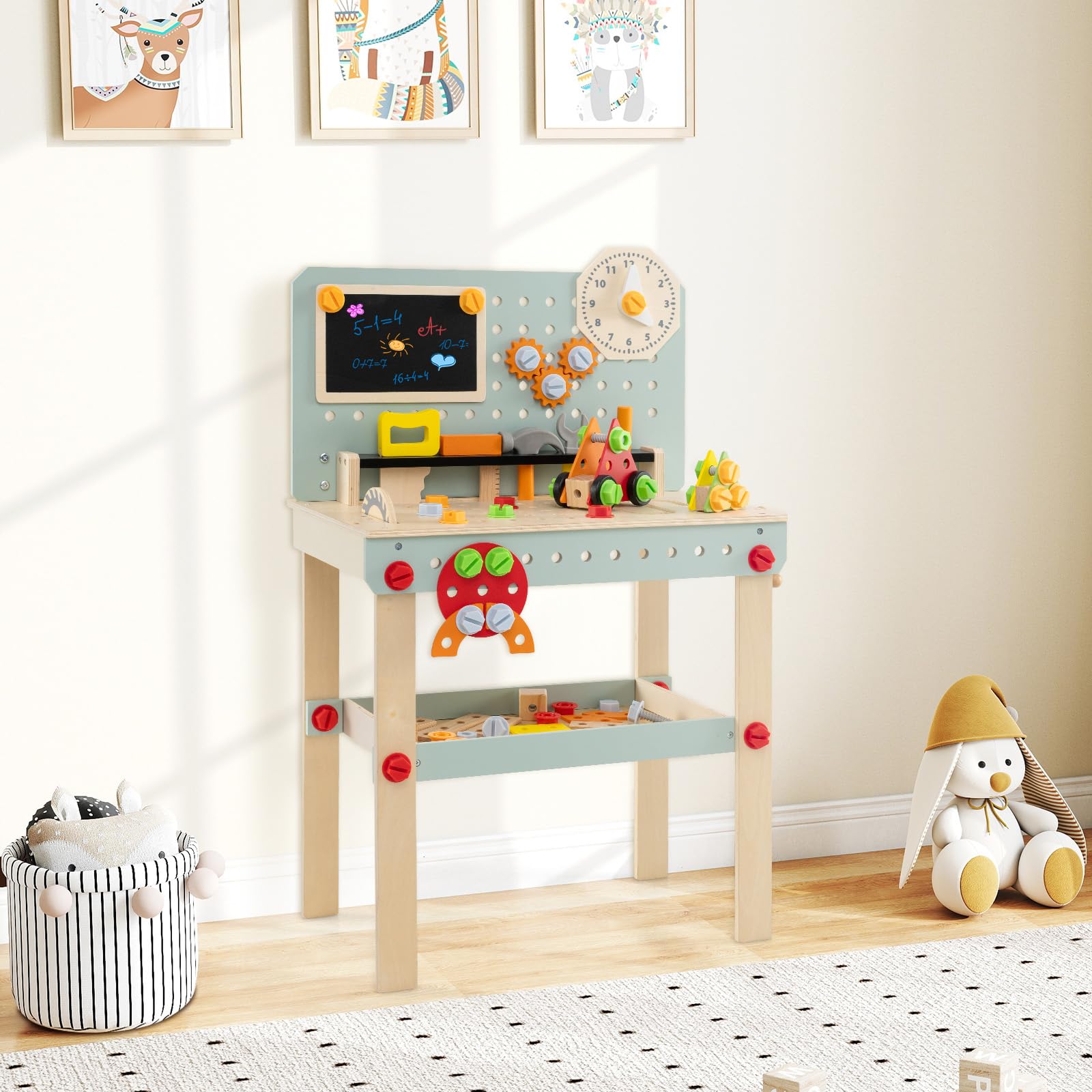 HOMASIS Banco Herramientas de Madera Juguete, Taller Mecanico Montessori con Juego de Herramientas y Espacio de Almacenamiento, Regalo Manualidades y Educativo para Niños y Niñas de 3+ Años
