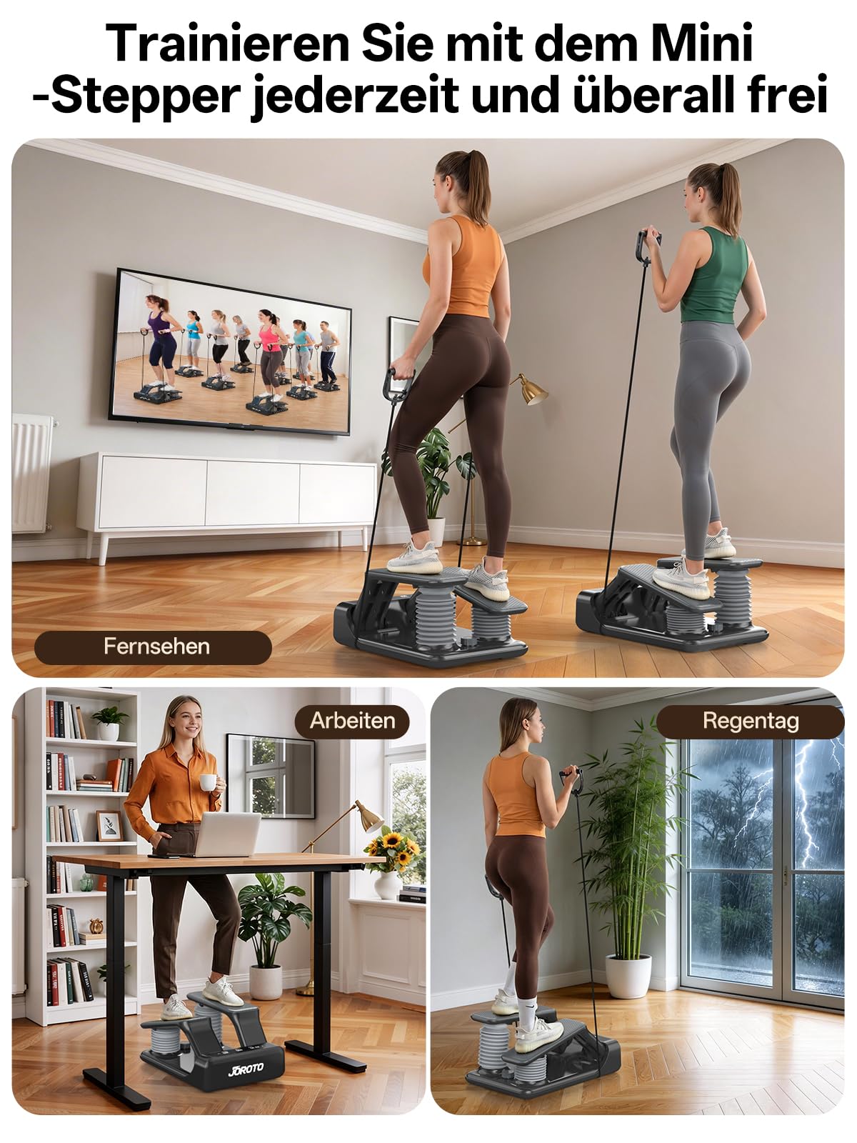 JOROTO Air Resistance Stepper für Zuhause, Mini Stepper mit 5-stufig Einstellbarer Intensität + Bändern, 300 LBS/136 KG, leise, LED-Display, für Wohnung & Home Gym