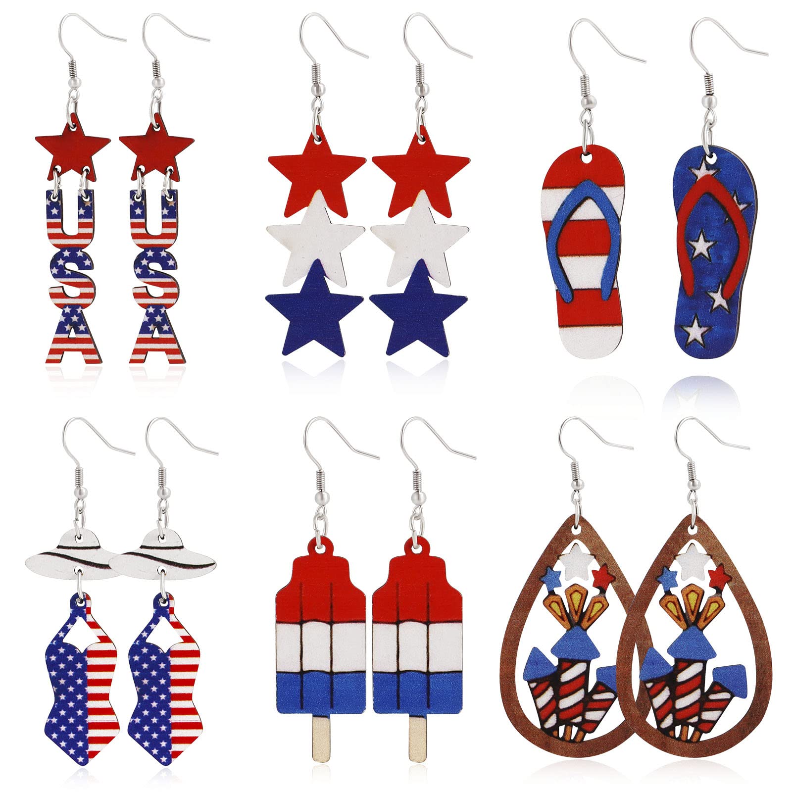 4th Of July Earrings for Women 4th Of July Decorations Patriotic Wooden Earrings For Women Layered Star USA Earrings Dangle Drop Earrings Holiday Independence Day Gifts 6 Pairs