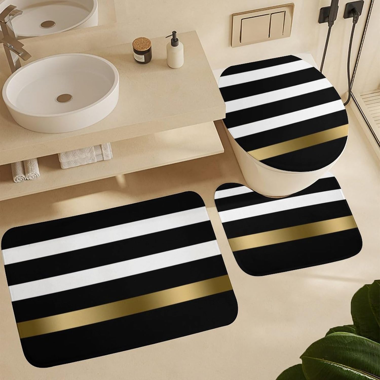 3 Pieces Bath Rug Sets, Black and White Stripes Pattern Gold Bathroom Mat Set Non Slip U Shaped Contour Rug & Toilet Lid Cover