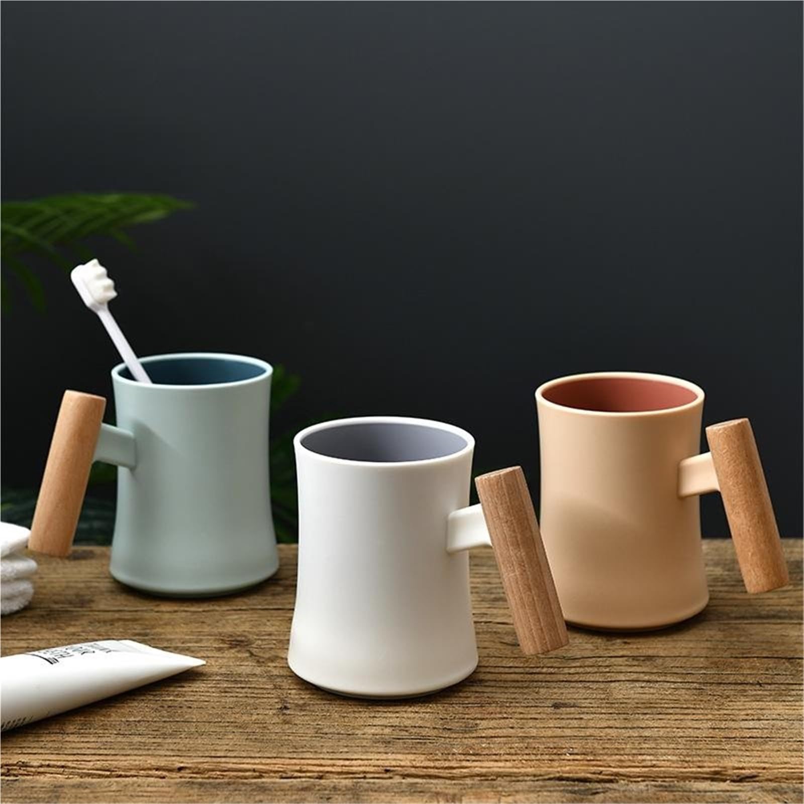 Manico in Legno for Tazza for collutorio da 2 Pezzi per Spazzolini e Dentifrici | Tazza for spazzolare e lavare Dormitorio Semplice tazza for spazzolino da denti for coppia domestica(White)