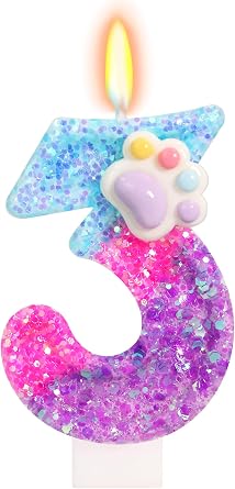 Cute Paw Birthday Candles - Number 3 Candle, Cat and Dog Paw Cake Topper, Cartoon Themed 3rd Birthday Decorations for Boys Girls