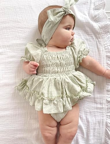 Miniatura 2 de Vestido de mameluco fruncido para bebé vestidos vintage enterizo de burbujas lindo traje de verano con diadema