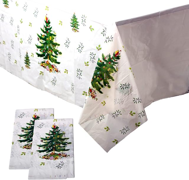 YAAVAAW Christmas Tablecloth for Christmas Party,2Pc 108*180cm Xmas Tree Table Cover,Disposable Christmas Plastic Table Cloth for Winter Holiday Christmas Party Supplies,Xmas Table Decorations