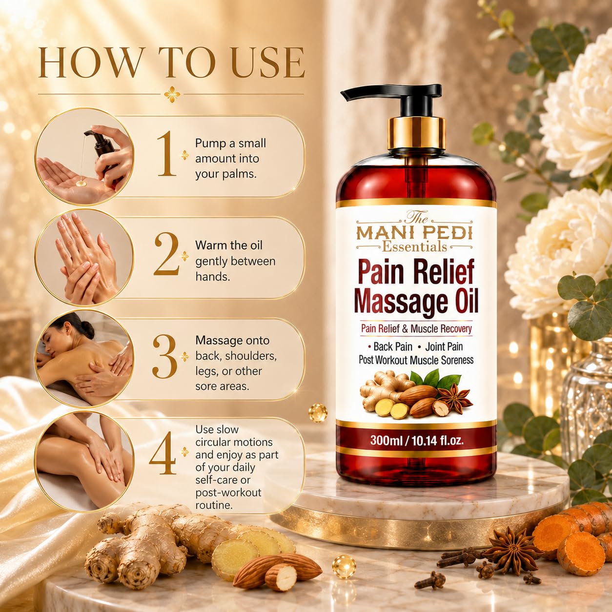 TMPE Pain Relief Massage Oil For Joint & Back Pain, Muscle Soreness & Post Workout Recovery. With Natural Healing Of Ginger, Turmeric & Clove Oils. Non-Sticky Texture - 300Ml 3