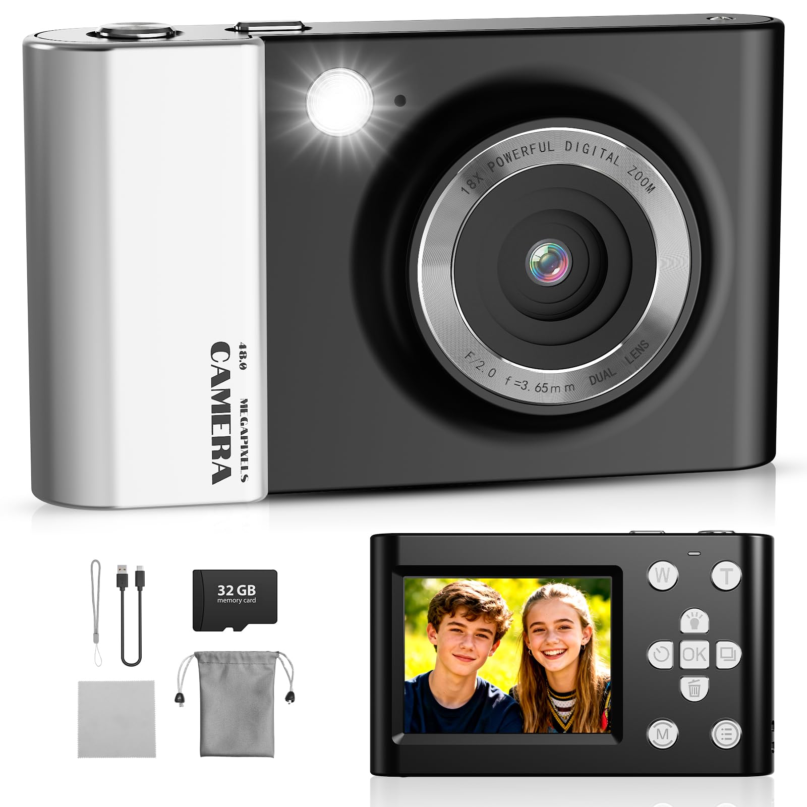 Cámara digital 4K 64MP FHD cámara fotográfica para niños, zoom digital de 18 x cámara compacta con pantalla de 2,4 pulgadas, antivibración, flash LED, tarjeta SD de 32 GB, cámara de fotos para niños