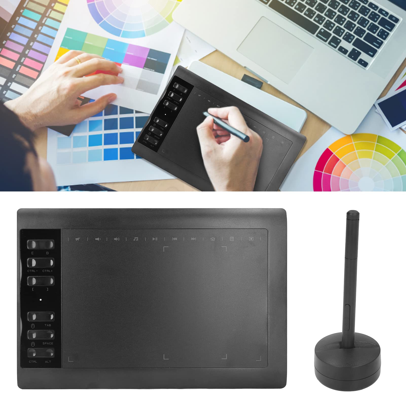 Tableta Gráfica de Dibujo, 10x6 Pulgadas, 12 Teclas de Acceso Directo Físico, Tableta Gráfica de Interfaz USB de 8192 Niveles para Pintura, Diseño, Boceto de Creación de Arte(Negro)