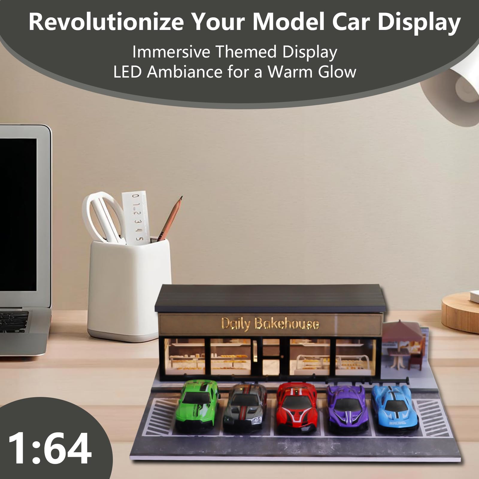 Diorama 1/64 Parcheggio, Garage Per Auto Giocattolo con Illuminazione LED, per 1/64 Scala Diecast Modello Auto, Scena Display, 5 Posti Auto All'aperto (Daily Bakehouse)
