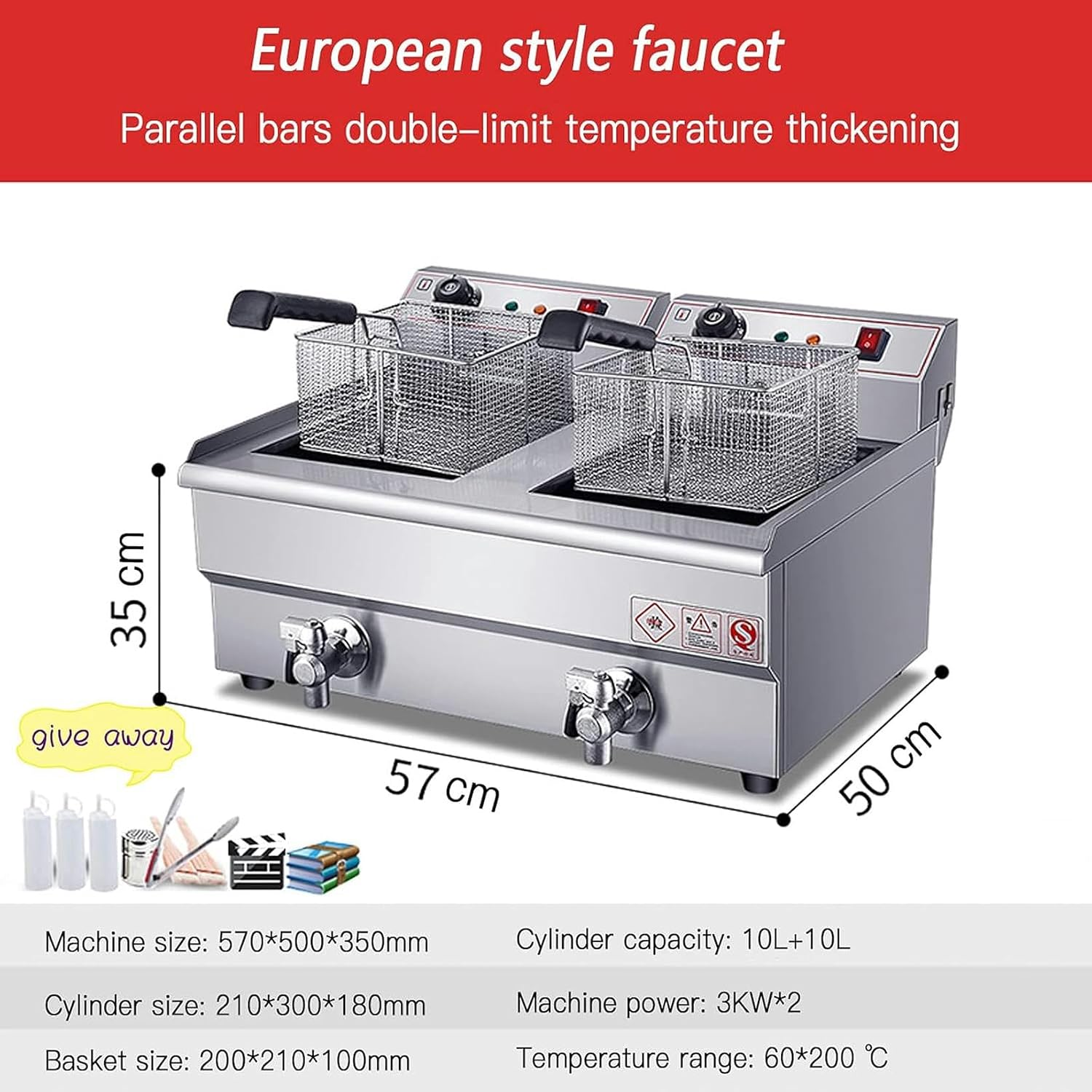 Electric Deep Fryer, 3000W Commercial Manual Temperature Adjustment Stainless Steel Energy-Saving with Removable Basket Chip Fryer,Drain valve,Double