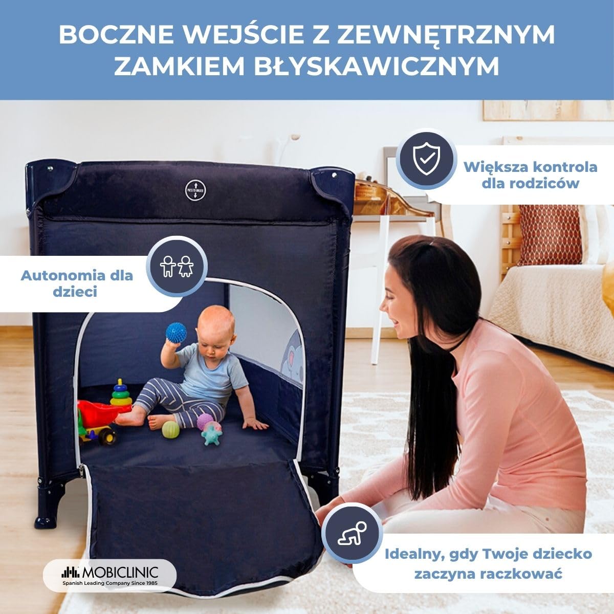 Mobiclinic®, Łóżeczko turystyczne, 2 w 1, Ultrakompaktowe składanie, Wyjmowany materac, Mofli, Do 15 kg, Oddychająca tkanina, Kojec dla dziecka, Kółka (ciemnoniebieski)
