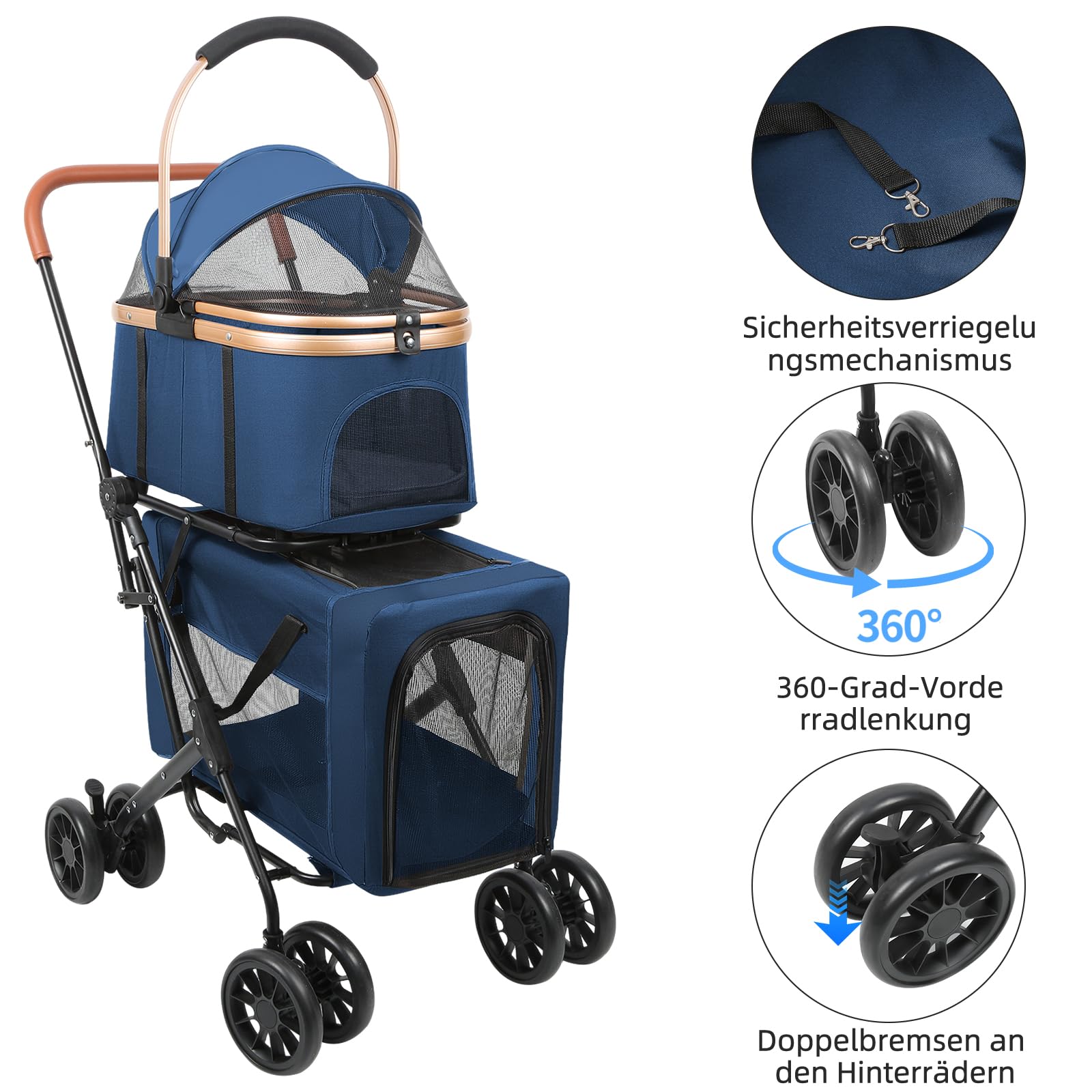 Homewell 2 in 1 Hundewagen, Hundebuggy, Doppelstöckiger Haustierbuggy, Kinderwagen für Katzen/kleine Hunde, Jogger Buggy für Haustiere mit Netzfenstern, Bis 40kg (Blau)