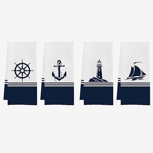 Nautical Hand Towels,Beach Kitchen Towel,Beach Nautical Anchor Waffle Weave Kitchen Dish Towels Set,Beach Nautical Anchor Hand Towels Dish Cloths for Kitchen(16×24 Inches Set of 4)