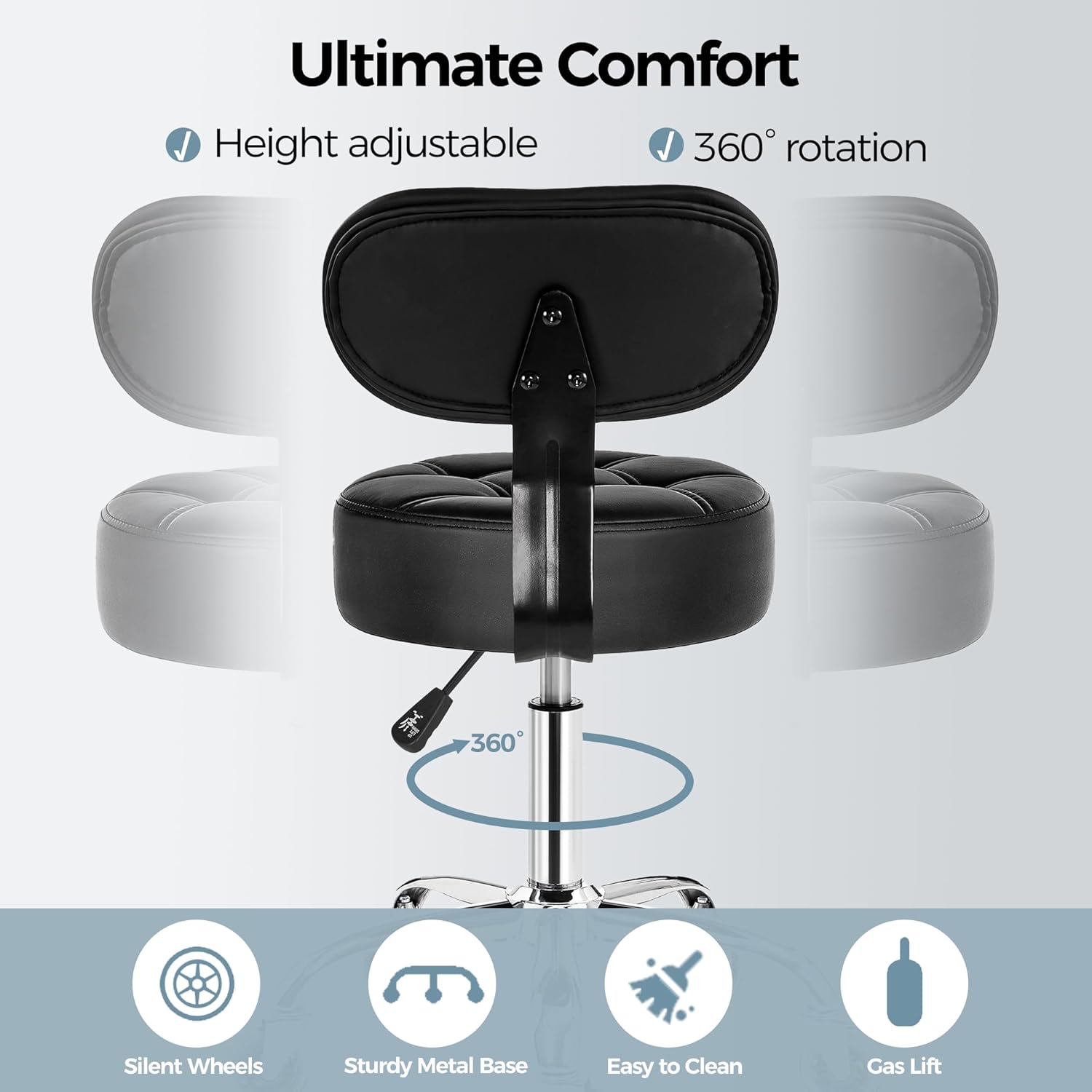 BEWISHOME Rolling Stool with Back Support, Heavy Duty Rolling Chair for Massage,Salon,Spa,Office, Height Adjustable 350lbs Weight Capacity Swivel Stool (Black) BYD11B - Image 8