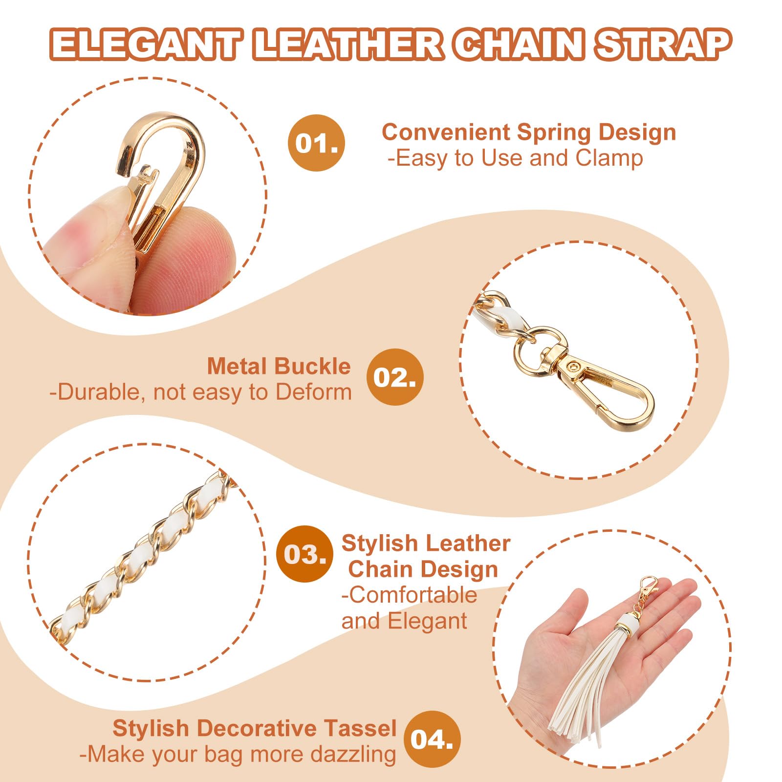 PATIKIL Purse Chain Strap, 47 Inch Leather Chain Straps Purse Strap Replacement with Tassel for Crossbody Bag Handbag Woman White/Gold - Image 3