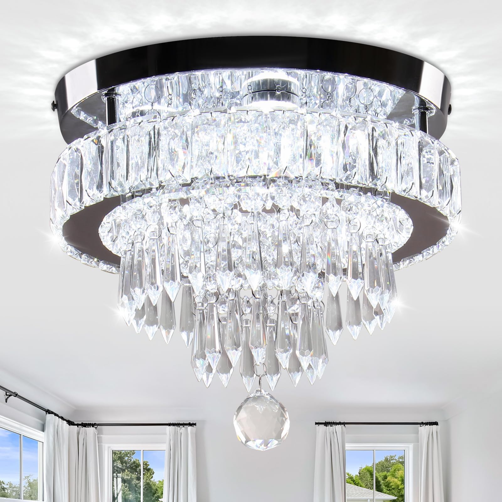 LEONTYNE 11.8 inch Crystal Chandeliers Modern Crystal Ceiling Light LED Chandeliers Semi Flush Mount Chandelier Light for Bedrooms Dining Living Room Hallway (6500K Cool White Light)