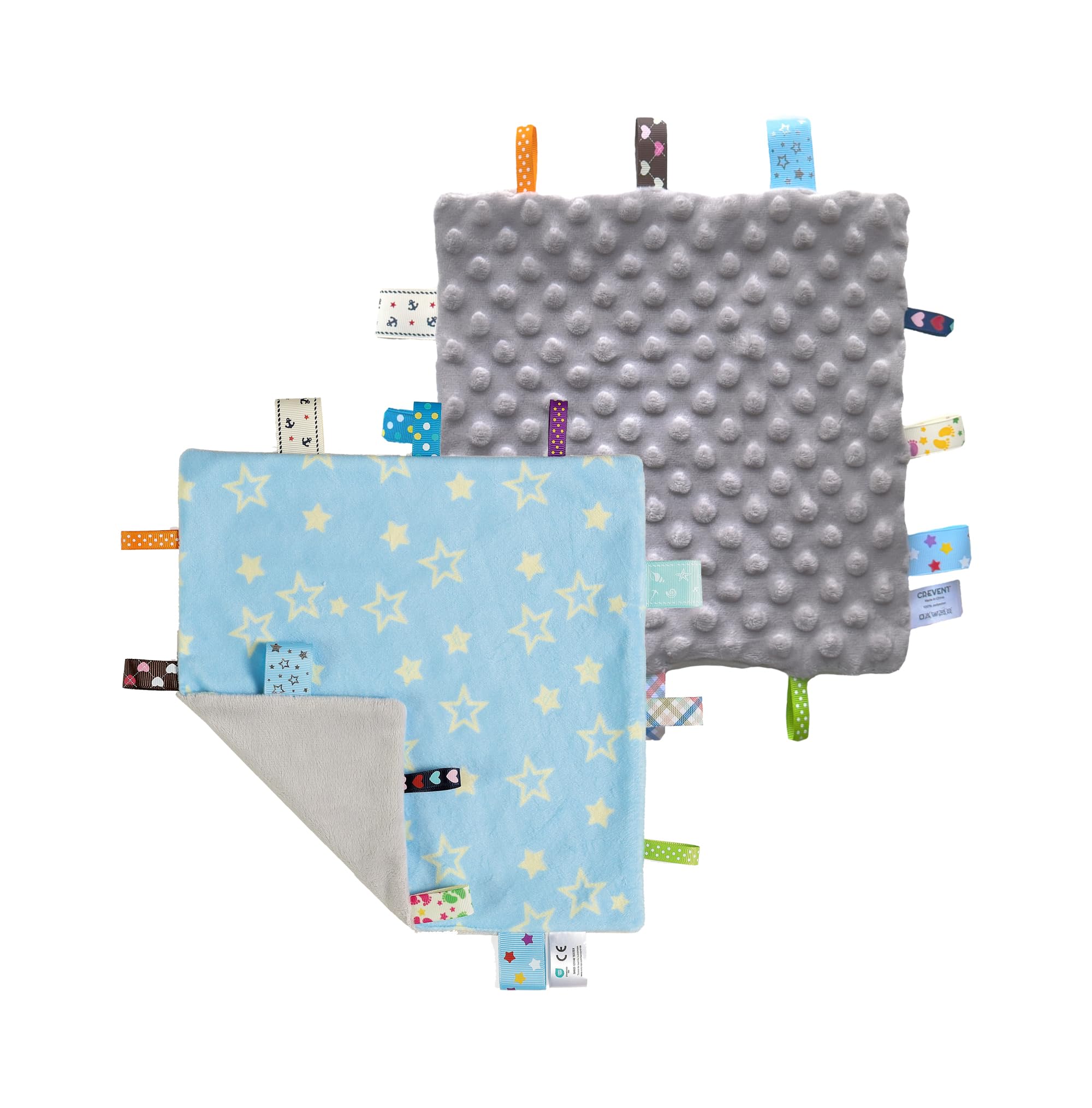 CREVENT Tag Security Blankets for Babies, Soft Small Baby Comforter Sensory Blanket, Great Gifts for Birthday Baby Shower - 24X24cm/10 X10 Blue Star + Grey