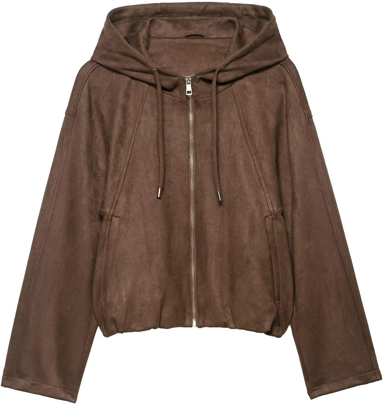 Kissonic Womens Faux Suede Bomber Jacket Drawstring Hooded Pilot Cropped Coat Zipper Casual Outerwear with Pockets