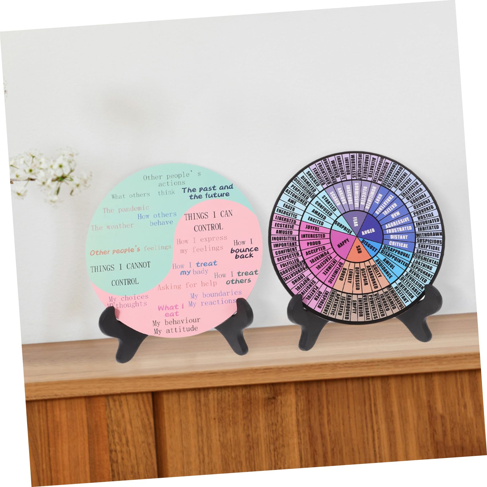 Angoily Gefühlsrad Klare Muster 2 Stück-pack mit Ständer aus Pvc und Holz Dekoration Emotionsrad und Lange Haltbarkeit für Büro und Zuhause Schreibtischdekorationen