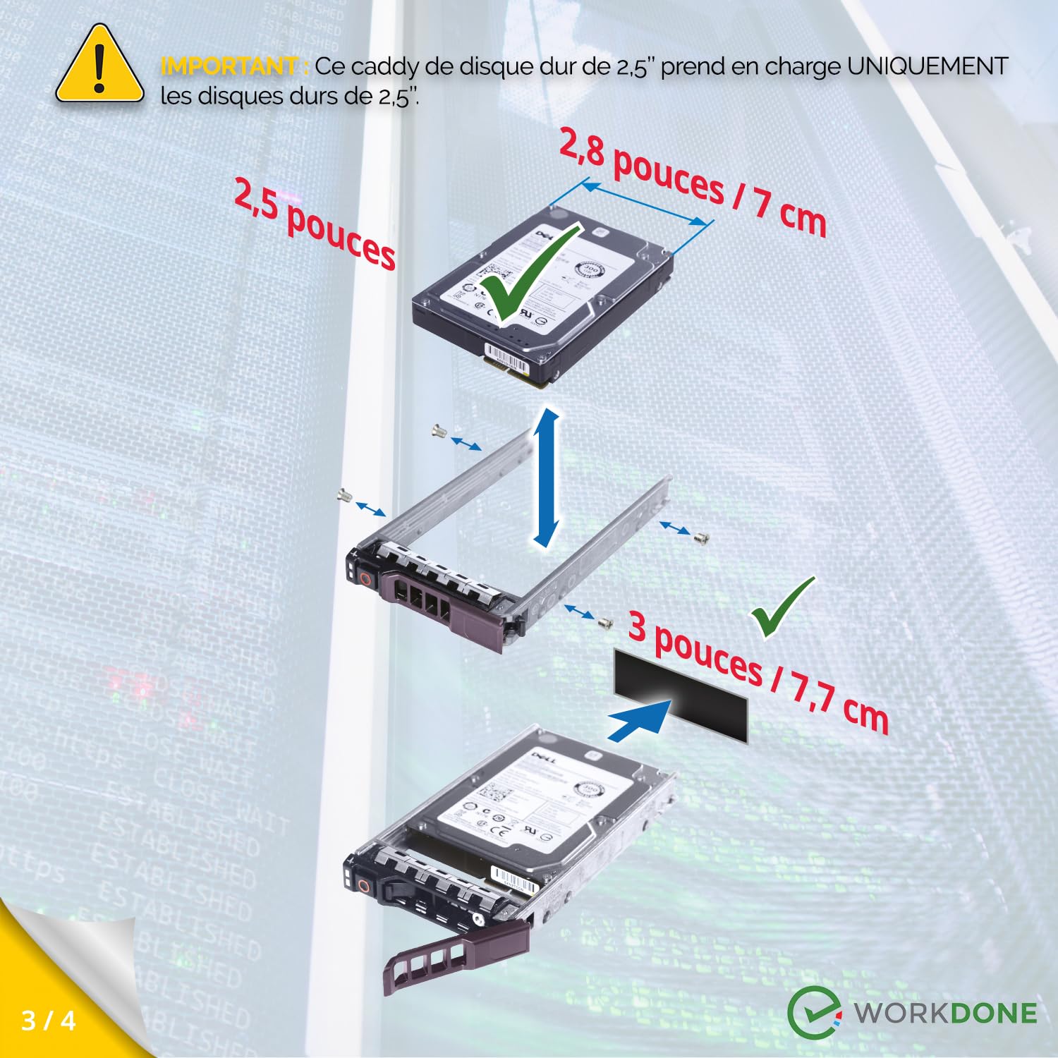 WORKDONE (Pack 4 u. Caddy HDD 2.5" Compatibles avec serveurs Dell PowerEdge T440 T640 R330 R430 T430 R630 T630 R730 R830 R930 R320 R420 G176J - Porteur Échange à Chaud - Support Installation Facile