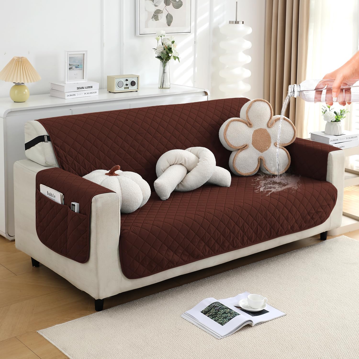 HOKIPO Water Repellent + Waterproof Quick Dry Sofa Cover Mat for 3 Seater Sofa with Pockets on Armrest Cover - Brown (NEW2-5206-BR)-image-23