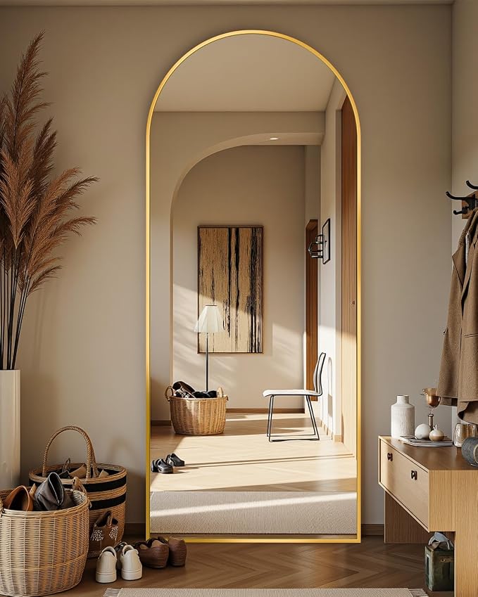 Full Length Mirror with Stand, 64"x21" Arched Mirror Large Standing Mirrors, Tall Mirrors Body Floor Mirror for Bedroom Living Room Aluminum Frame, Gold
