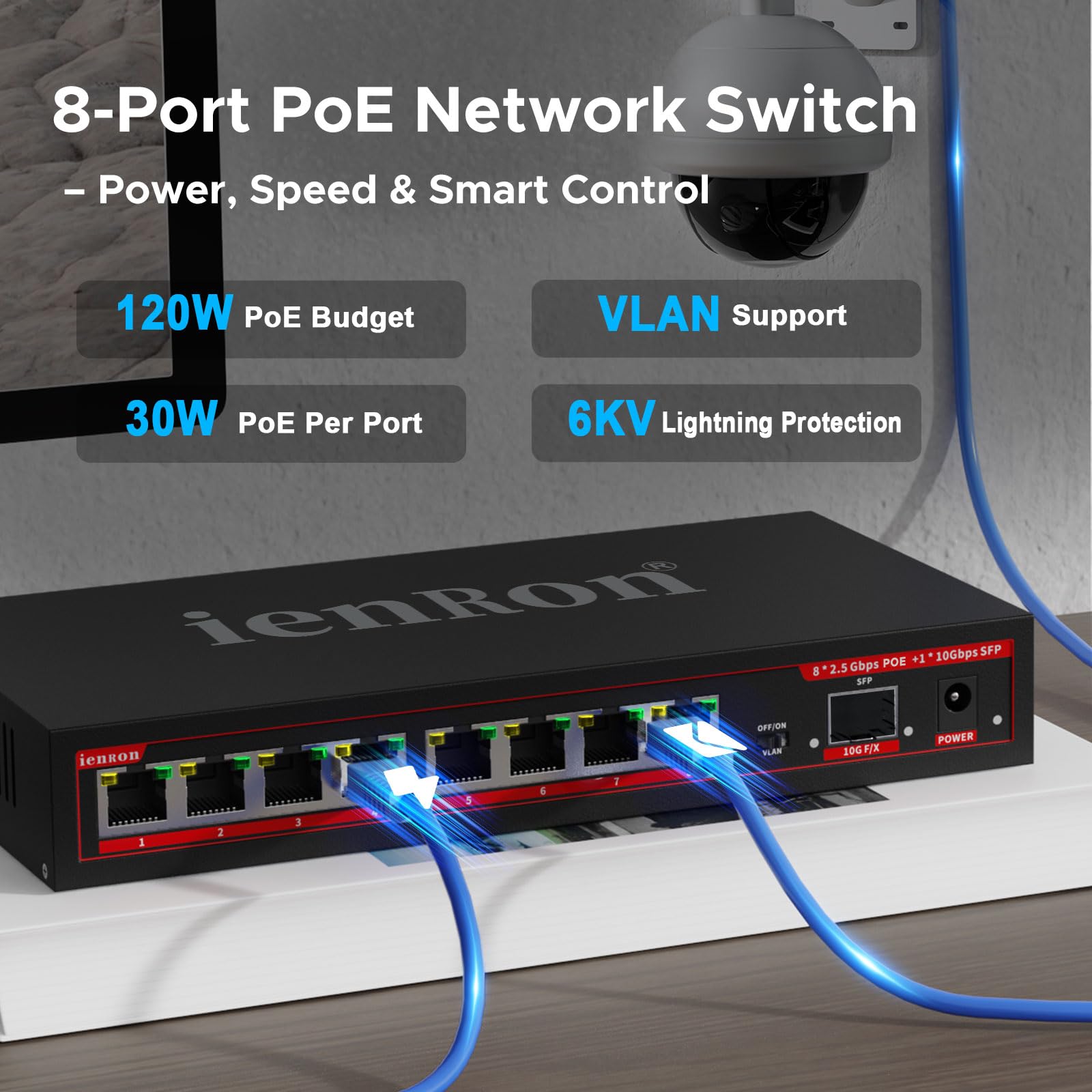 Switch PoE a 8 porte da 2,5 GB con Uplink SFP+ da 10 Gb | 15 W per porta, budget totale 120 W, IEEE802.3af | Supporto VLAN | Alloggiamento in metallo senza ventole | Plug & Play | Montabile a parete |