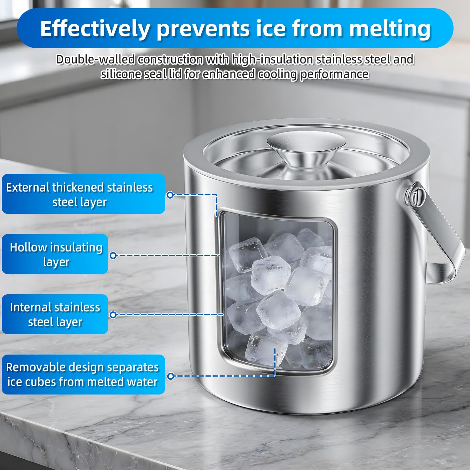 Secchiello per Ghiaccio 3L in Acciaio Inox a Doppia Parete, Set con Coperchio, Paletta e Pinze, Isolamento Termico, Ideale per Bar, Feste e Famiglie