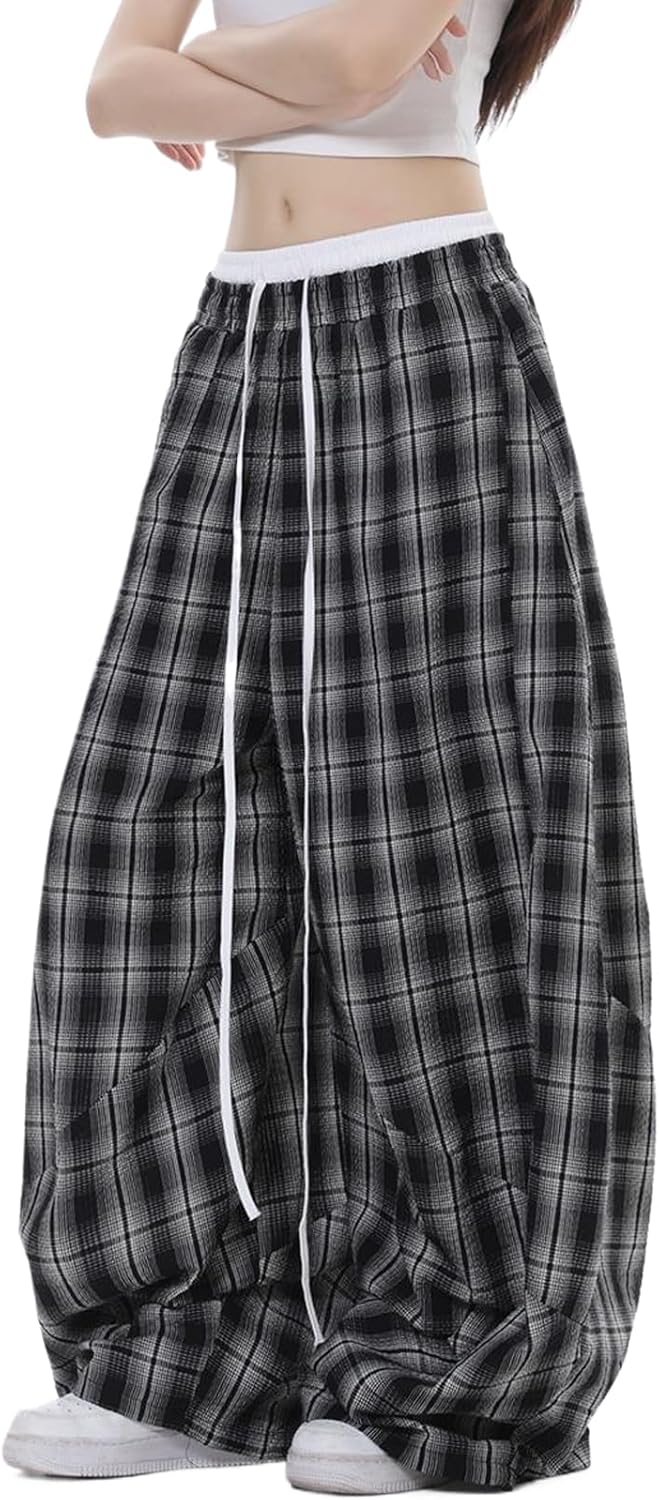 Women's Plaid Loose Wide Leg Pants Drawstring Elastic Waist Casual Baggy Trousers Trendy Y2K Streetwear with Pockets