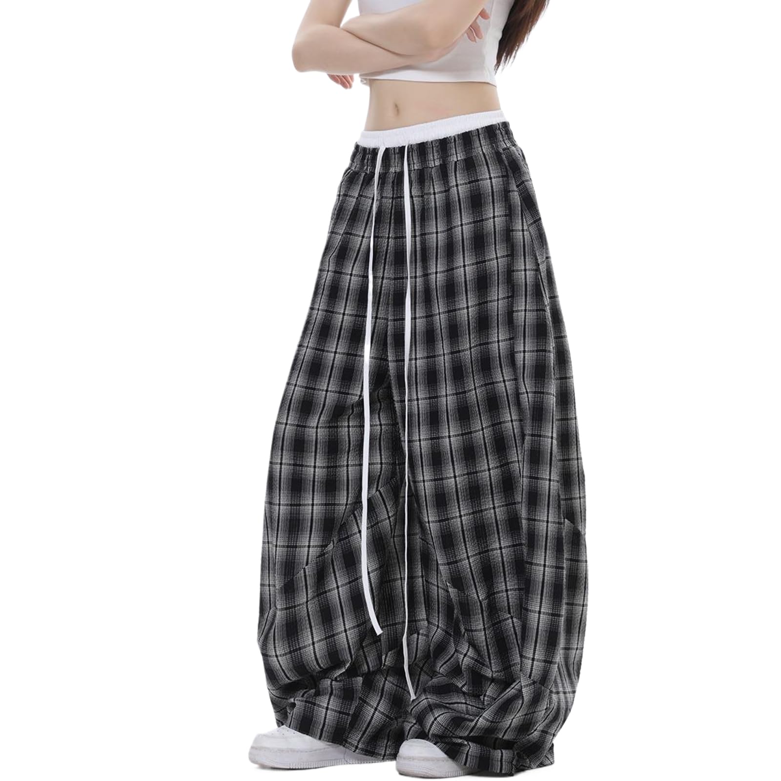 Womens Plaid Loose Wide Leg Pants Drawstring Elastic Waist Casual Baggy Trousers Trendy Y2K Streetwear with Pockets