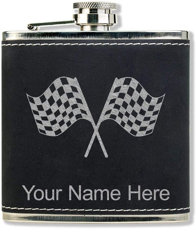 Faux Leather Flask, Racing Flags, Personalized Engraving Included (Red)