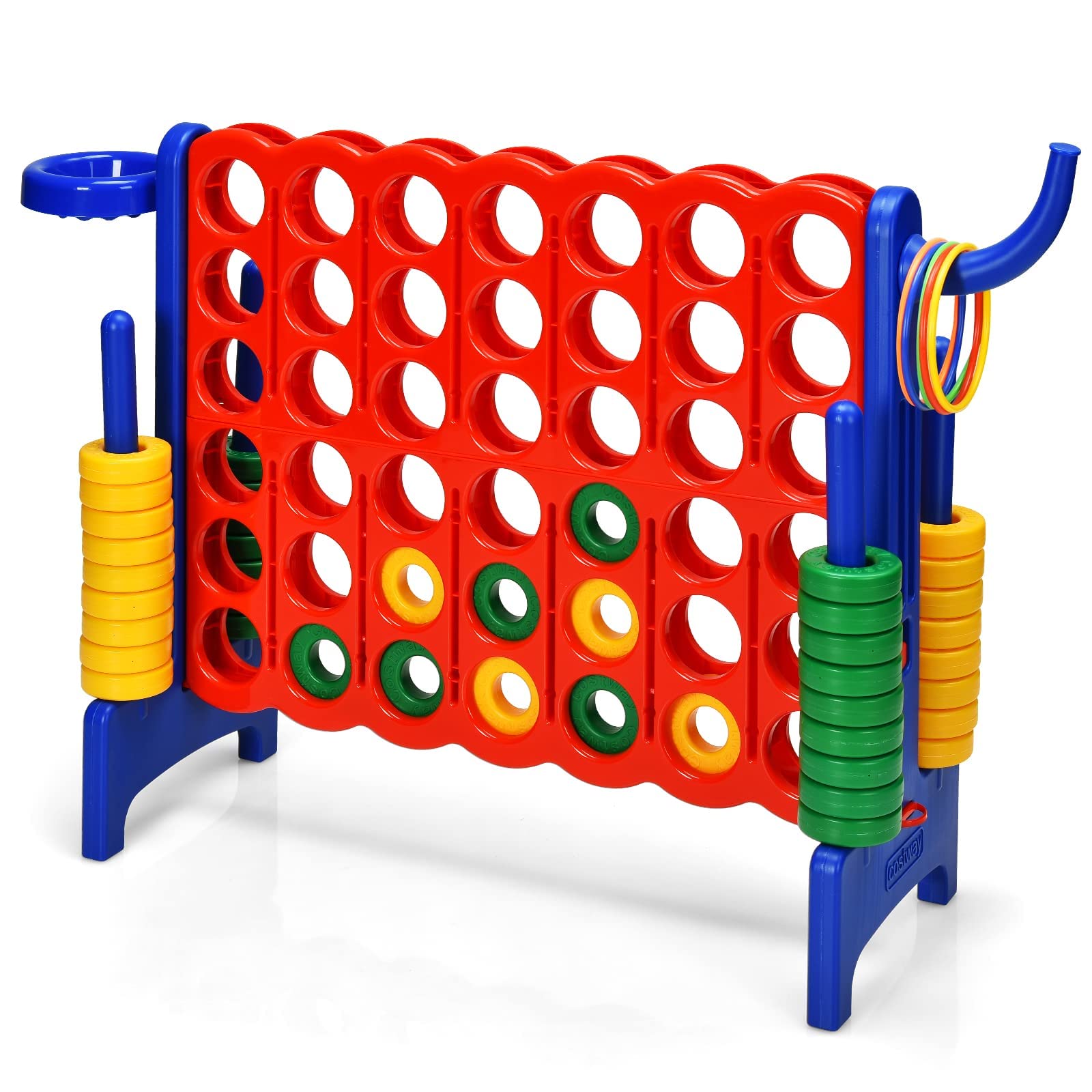 COSTWAY Giant Connect 4, 3-in-1 Indoor Outdoor Family Game with Basketball Hoop, Ring Toss, 42 Jumbo Rings, Quick-Release Slider, Four in A Row Game Set for Kids Adult (Blue) — image 1