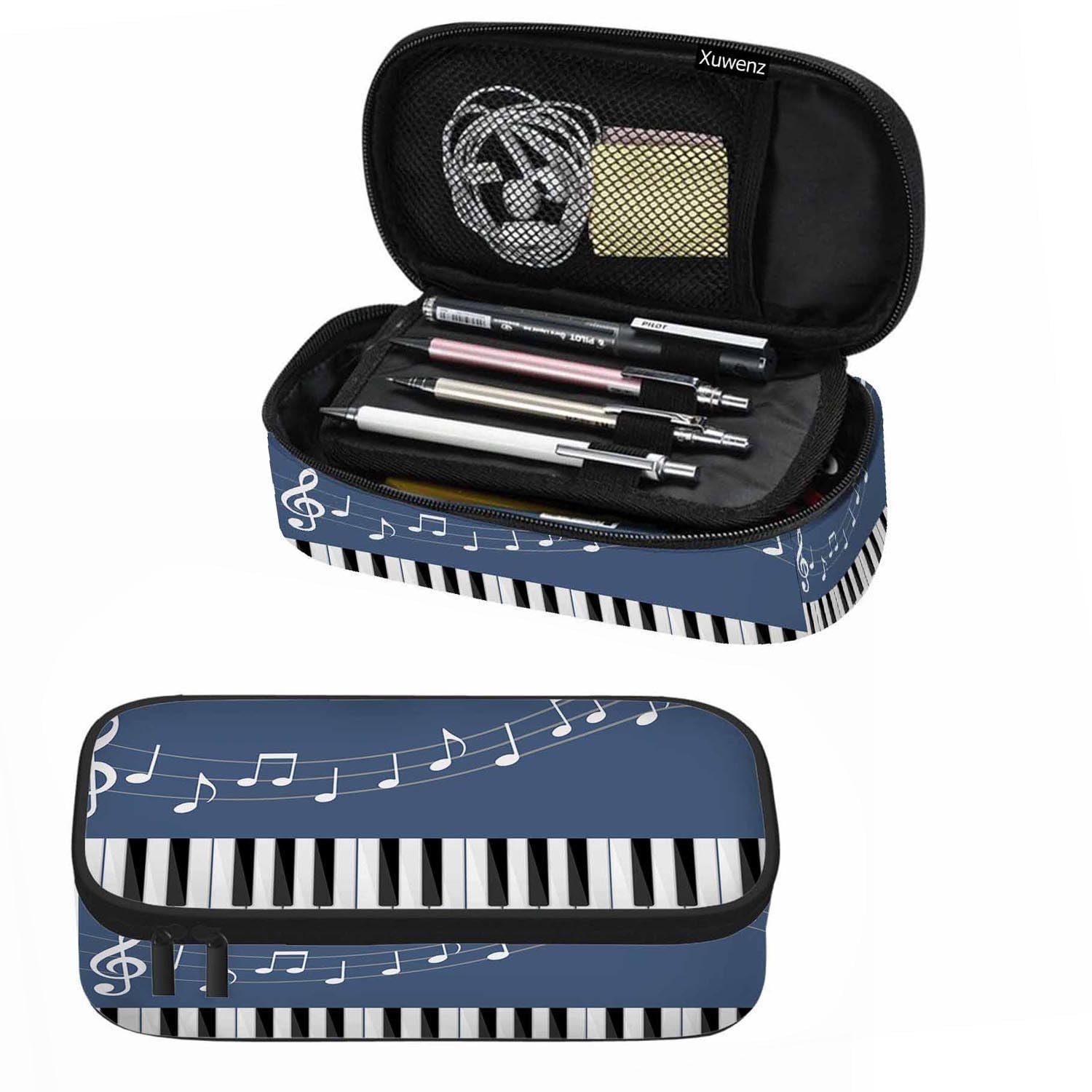 Xuwenz Music Theme Pencil Bag White Black Piano Keys Music Note Gray Blue Big Capacity Pencil Case Pencil Pouch Pen Bag School Students Boy Girl