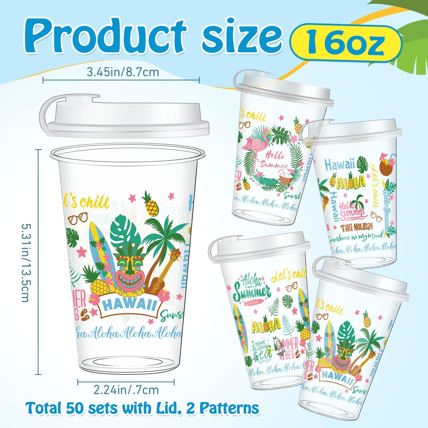 50 Pcs Hawaiian Luau Party Cups 16 oz Summer Disposable Plastic Cups with Lids, Tropical Floral Hibiscus Palm Tree Flamingo Tiki Drinking Cups for Hawaii Beach Pool Birthday Party Drinkware Supplies - Image 2