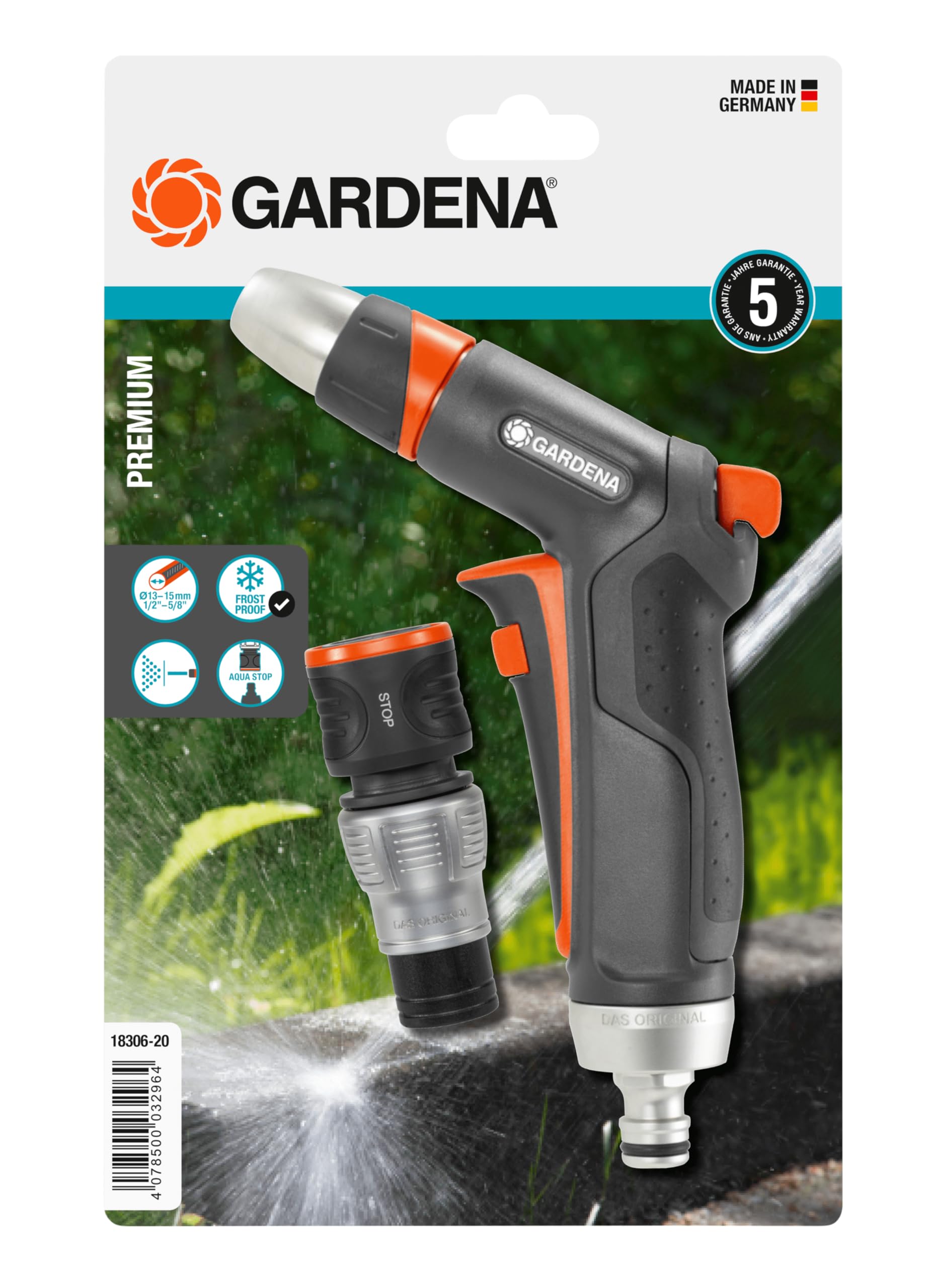 Gardena Set Pistola per Irrigazione e Raccordo Rapido Acquastop Premium, per Tubi da 13 mm (1/2
