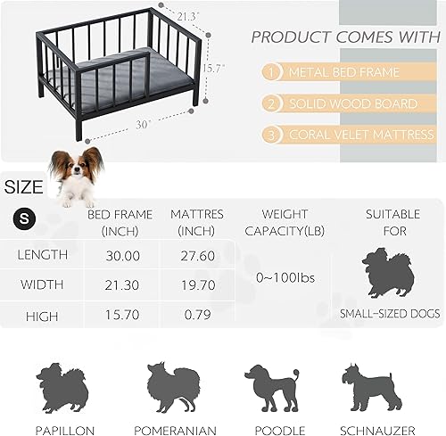 Miniatura 2 de Cama para perros con rieles, marco de cama elevado de metal para mascotas con tablero de madera maciza y tapete suave lavable para perros pequeños