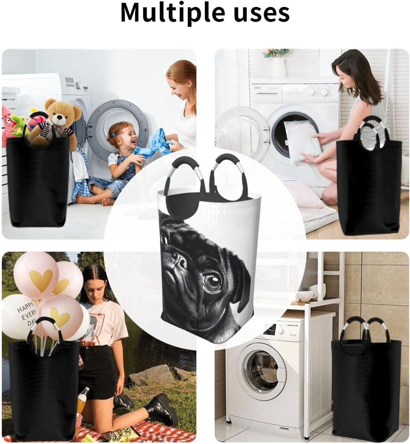 Laundry Basket Collapsible Clothes Hamper, Laundry Bag with Handles Blanket Toys Storage Basket, Dorm Room Essentials Accessories - Cute Black Pug Dog