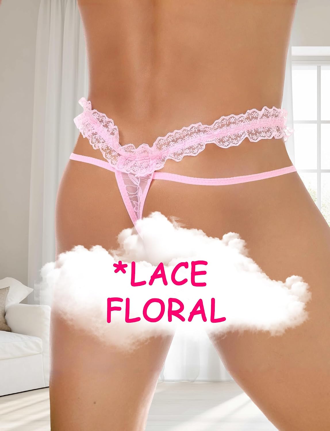 Panegy Mens Transparent Lace Thongs Sexy Thin Strap G-Strings Low Waist Hollow-out Thong Panties