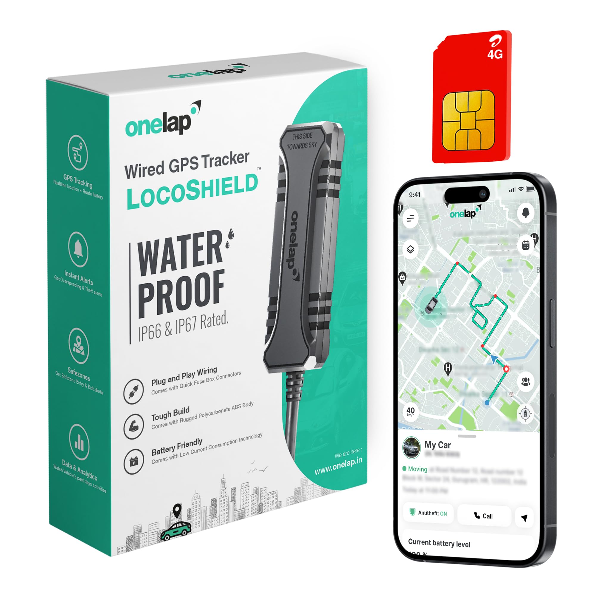 Onelap LocoShield™ Wired - IP67 100% Waterproof GPS Tracker for Bike, Car, Scooty | Bike Wash Protect | Plug & Play | Engine Lock Compatible | Live Location | Engine ON/Off Alert | 1 Year Mobile App