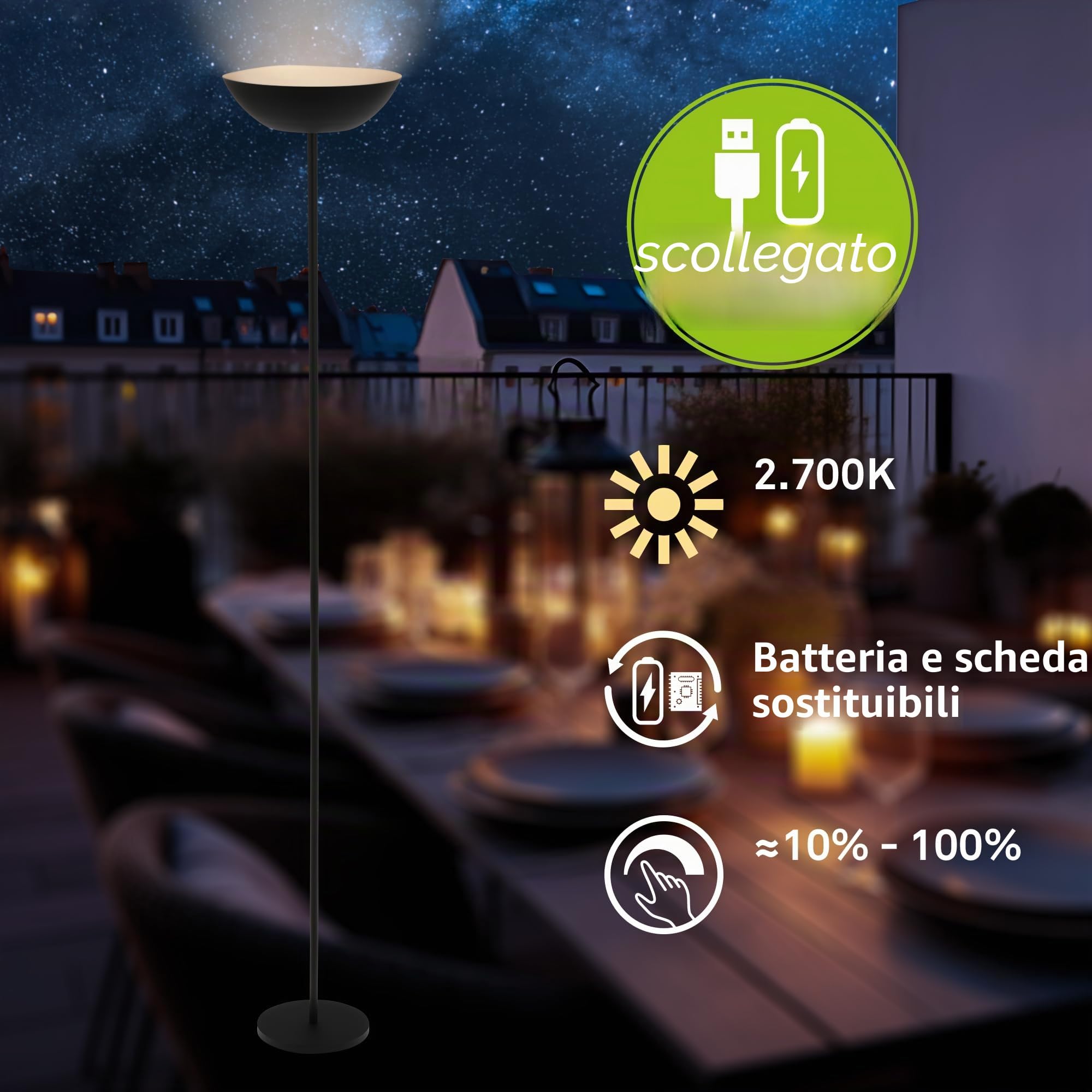 BRILONER - Lampada da terra LED cordless con touch, dimmerabile, piantana, lampada da pavimento, batteria ricaricabile e sorgente luminosa intercambiabile, altezza 170 cm, nero