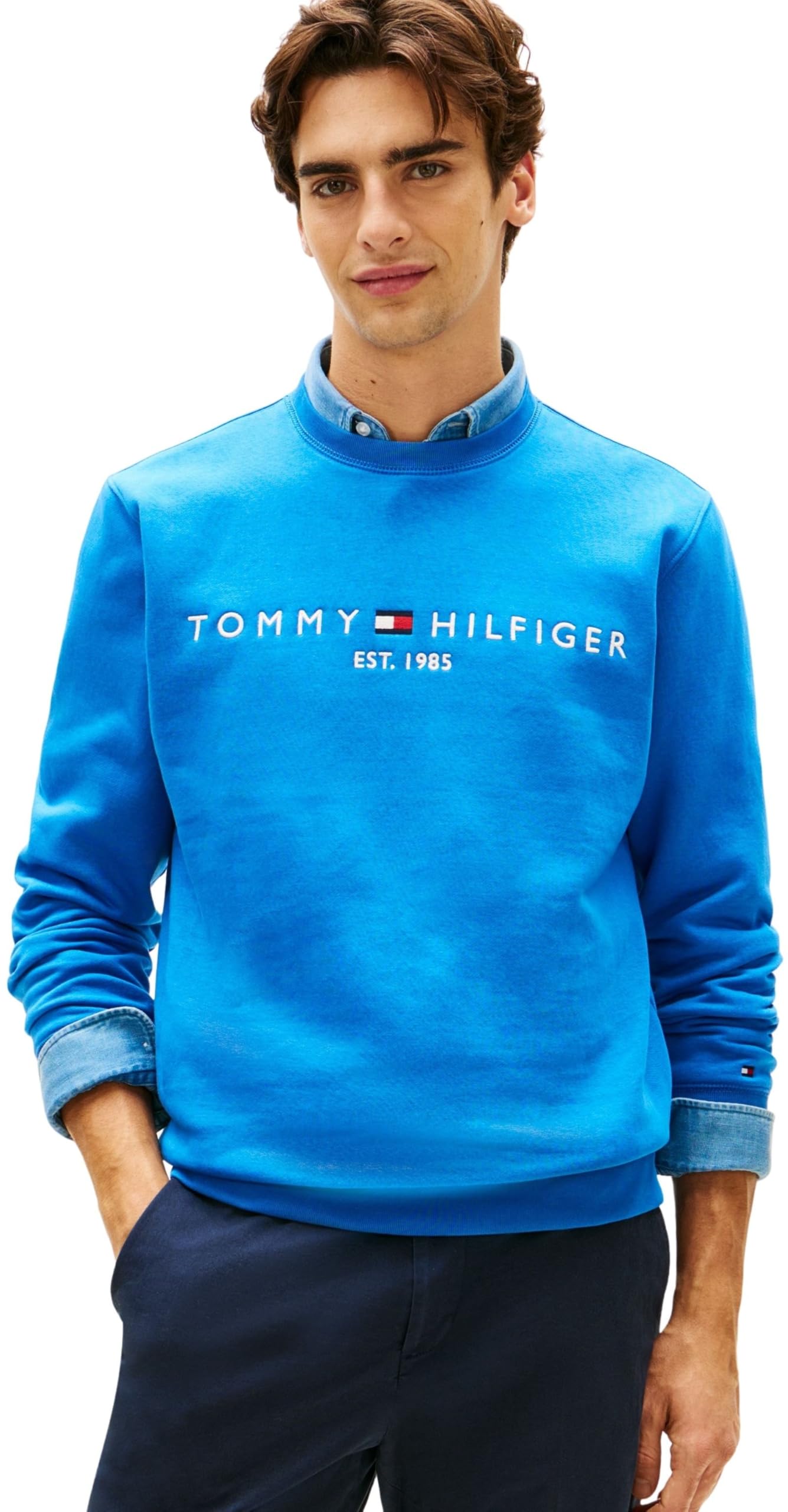 Tommy Hilfiger Men's Tommy Logo Sweatshirt MW0MW11596 Pullover Sweatshirt, BLUE, M