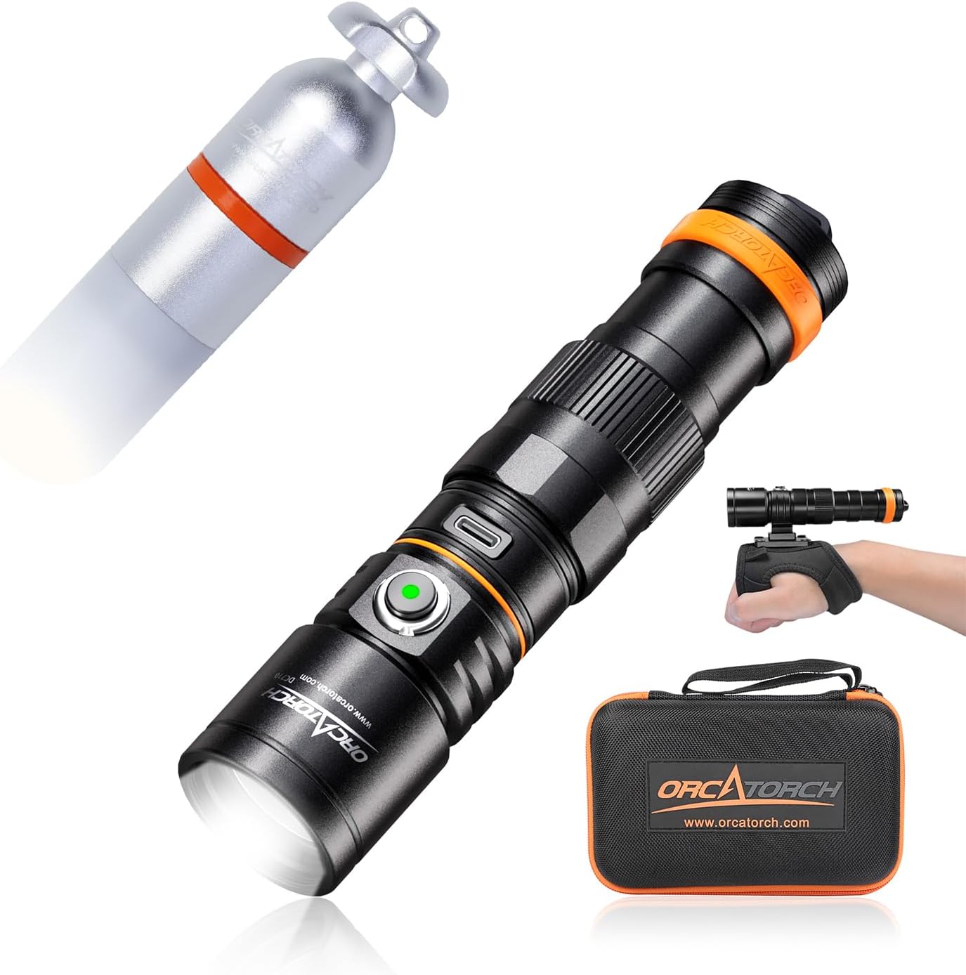 ORCATORCH DC710 3000 Lumens Direct Charge Dive Light with Wrist Mount & SD01PRO White Scuba Tank Marker Light Combo
